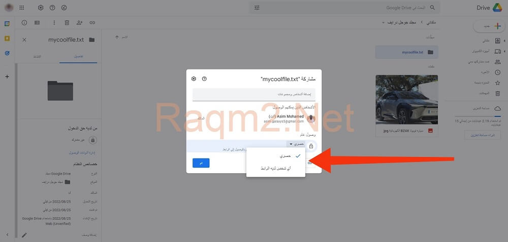 مشاركة ملف من على التخزين السحابي google drive